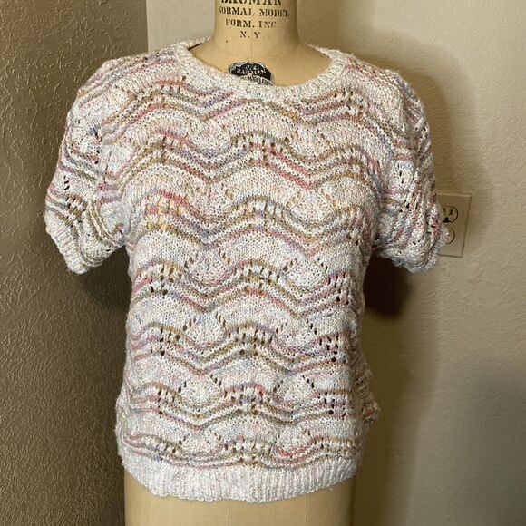 Vtg 80s Knit Maven Across America PASTELS Knit SS Sweater Top Shirt Medium - Picture 1 of 6